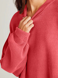 Double Take Side Slit Round Neck Long Sleeve Sweater - Florida Guy