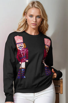 Double Take Full Size Nutcracker Sequin Long Sleeve Sweater - Florida Guy