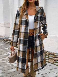 Devine Plaid Long Sleeve Hooded Coat - Florida Guy