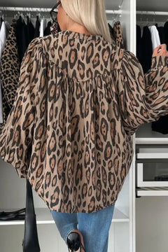 Leopard Notched Long Sleeve Blouse - Florida Guy