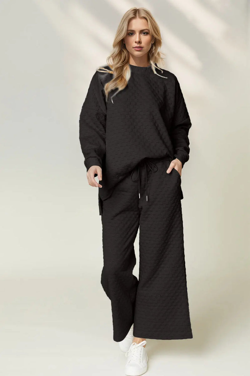 Double Take Checkered Slit High-Low Round Neck Top and Wide Leg Pants Set - Florida Guy