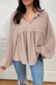 Texture Collared Neck Long Sleeve Blouse - Florida Guy