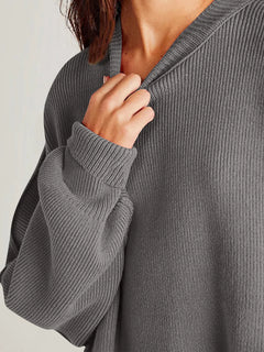 Double Take Side Slit Round Neck Long Sleeve Sweater - Florida Guy