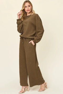 Double Take Full Size Texture Long Sleeve Top and Pants Set - Florida Guy