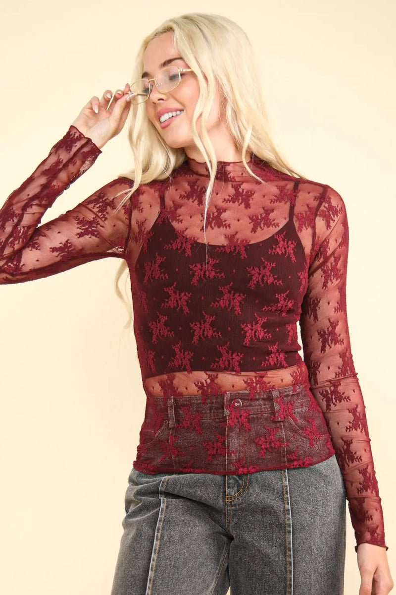 VERY J Mock Neck Fitted Sheer Mesh Lace Blouse - Florida Guy