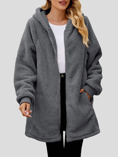 Fuzzy Pocketed Zip Up Long Sleeve Hooded Jacket - Florida Guy