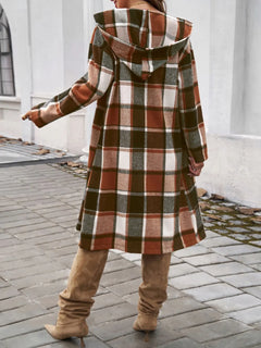 Devine Plaid Long Sleeve Hooded Coat - Florida Guy