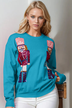 Double Take Full Size Nutcracker Sequin Long Sleeve Sweater - Florida Guy