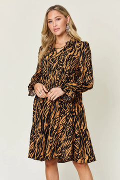 Double Take Full Size Printed Ruffle Hem Long Sleeve Dress - Florida Guy