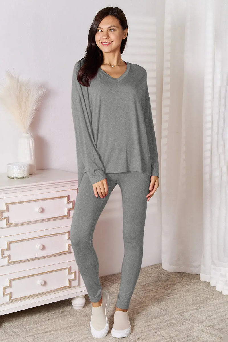 Basic Bae Bamboo Full Size V-Neck Long Sleeve Top and Pants Lounge Set - Florida Guy