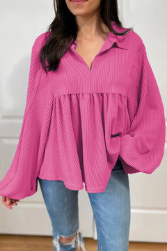 Texture Collared Neck Long Sleeve Blouse - Florida Guy