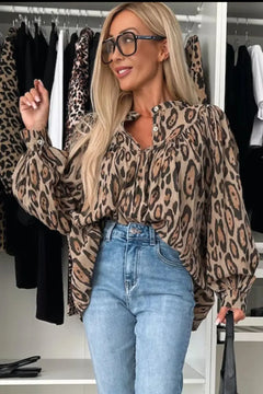 Leopard Notched Long Sleeve Blouse - Florida Guy