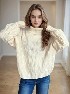 Cable-Knit Turtleneck Long Sleeve Sweater - Florida Guy