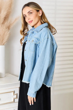 Double Take Dropped Shoulder Raw Hem Denim Jacket - Florida Guy