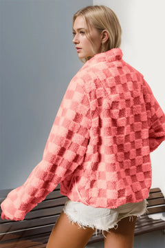 Double Take Checkered Long Sleeve Fuzzy Jacket - Florida Guy