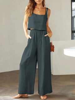 Square Neck Top and Wide Leg Pants Set - Florida Guy