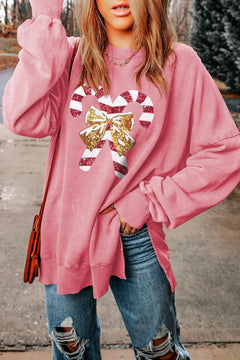 Sequin Candy Cane Round Neck Slit Sweatshirt - Florida Guy