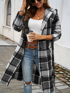 Devine Plaid Long Sleeve Hooded Coat - Florida Guy