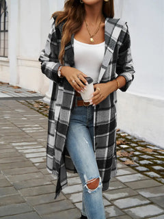 Devine Plaid Long Sleeve Hooded Coat - Florida Guy