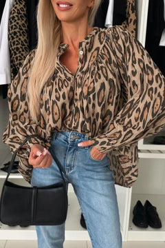 Leopard Notched Long Sleeve Blouse - Florida Guy