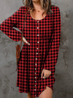 Double Take Full Size Plaid Round Neck Long Sleeve Magic Dress - Florida Guy