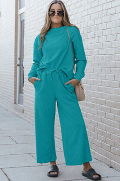 Double Take Full Size Textured Long Sleeve Top and Drawstring Pants Set - Florida Guy