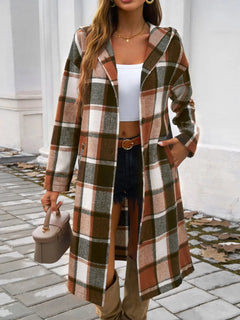 Devine Plaid Long Sleeve Hooded Coat - Florida Guy