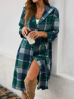 Devine Plaid Long Sleeve Hooded Coat - Florida Guy