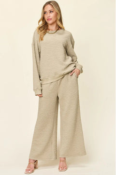 Double Take Full Size Texture Long Sleeve Top and Pants Set - Florida Guy