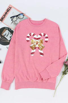 Sequin Candy Cane Round Neck Slit Sweatshirt - Florida Guy