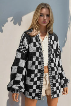 Double Take Full Size Open Front Checkered Drop Shoulder Cardigan - Florida Guy