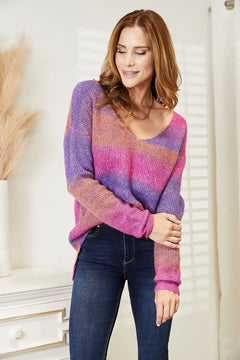 Angel Wings Multicolored Rib-Knit V-Neck Knit Pullover - Florida Guy