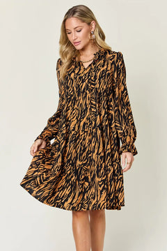 Double Take Full Size Printed Ruffle Hem Long Sleeve Dress - Florida Guy