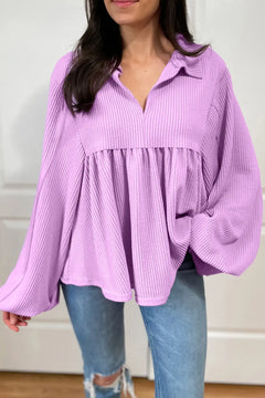 Texture Collared Neck Long Sleeve Blouse - Florida Guy