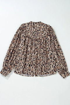 Leopard Notched Long Sleeve Blouse - Florida Guy