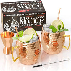 Moscow Mule Copper Mugs - Set of 2 - 100% HANDCRAFTED - Food Safe Pure Solid Copper Mugs - 16 oz Gift Set with BONUS - Highest Quality Cocktail Copper Florida Guy