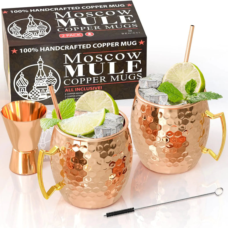 Moscow Mule Copper Mugs - Set of 2 - 100% HANDCRAFTED - Food Safe Pure Solid Copper Mugs - 16 oz Gift Set with BONUS - Highest Quality Cocktail Copper Florida Guy