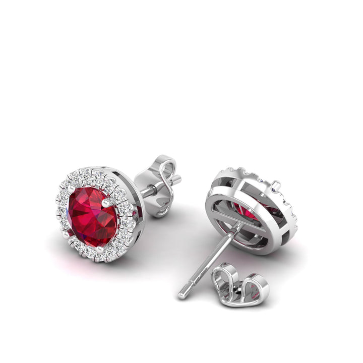 Round Ruby Halo Diamond Stud Earrings