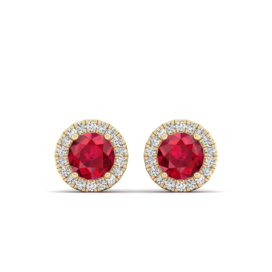 Round Ruby Halo Diamond Stud Earrings