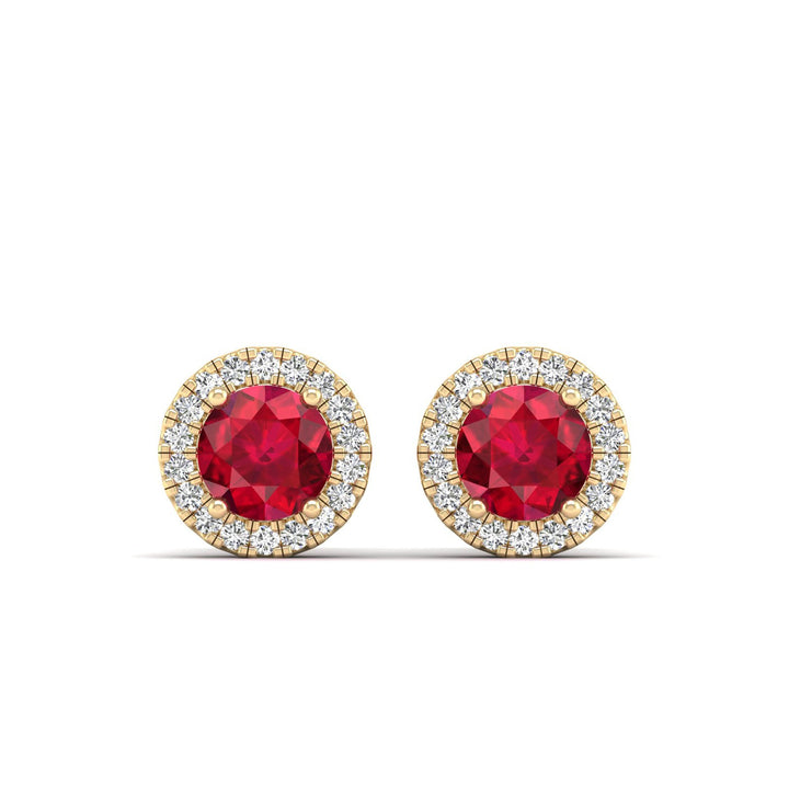 Round Ruby Halo Diamond Stud Earrings