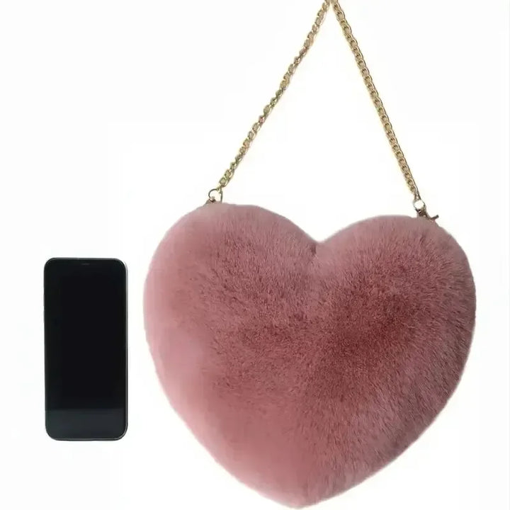 Heart Shaped Fluffy Shoulder Bag Fashion Chain Crossbody Bag Plush Handbag