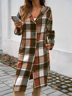 Devine Plaid Long Sleeve Hooded Coat - Florida Guy