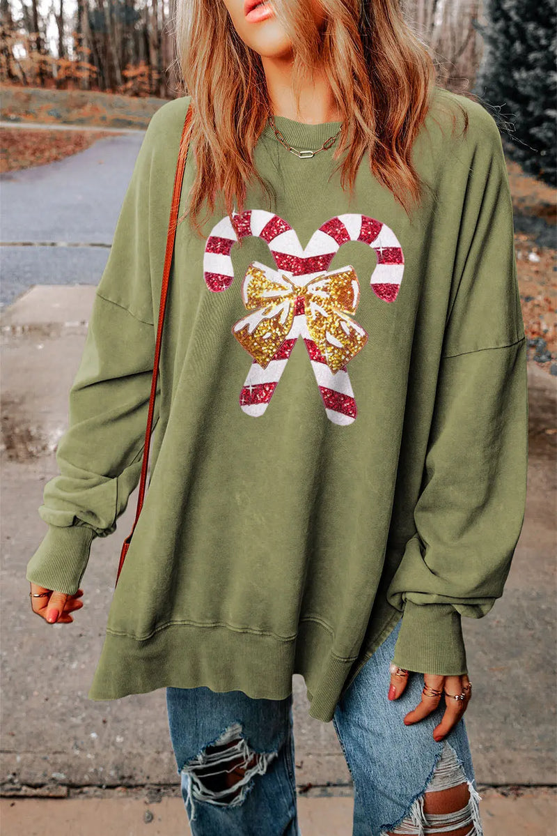 Sequin Candy Cane Round Neck Slit Sweatshirt - Florida Guy