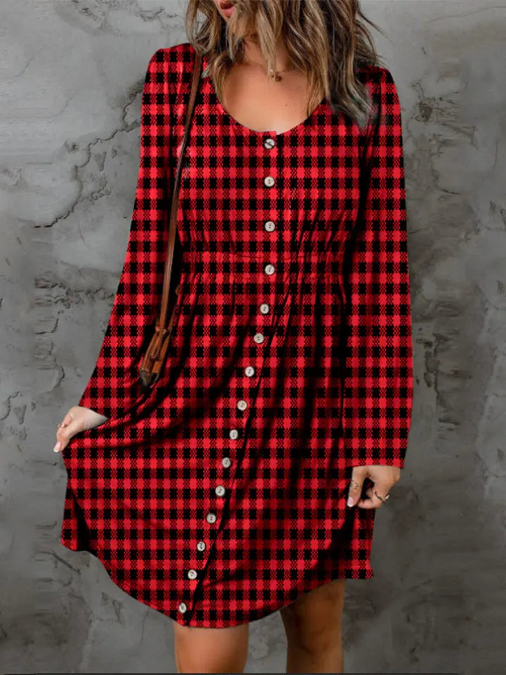 Double Take Full Size Plaid Round Neck Long Sleeve Magic Dress - Florida Guy