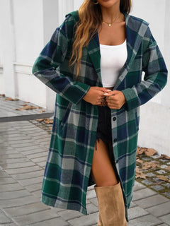 Devine Plaid Long Sleeve Hooded Coat - Florida Guy