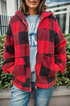 Double Take Full Size Plaid Long Sleeve Hooded Coat - Florida Guy