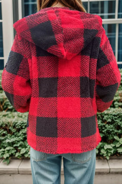 Double Take Full Size Plaid Long Sleeve Hooded Coat - Florida Guy