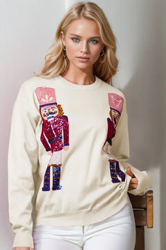 Double Take Full Size Nutcracker Sequin Long Sleeve Sweater - Florida Guy