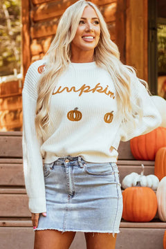 Pumpkin Embroidery Long Sleeve Sweater - Florida Guy