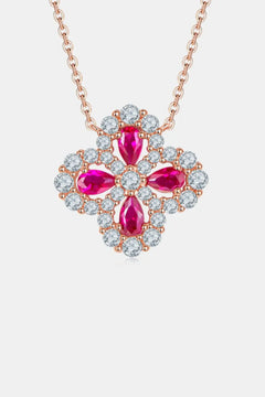 925 Sterling Silver Lab-Grown Ruby Flower Shape Necklace Trendsi